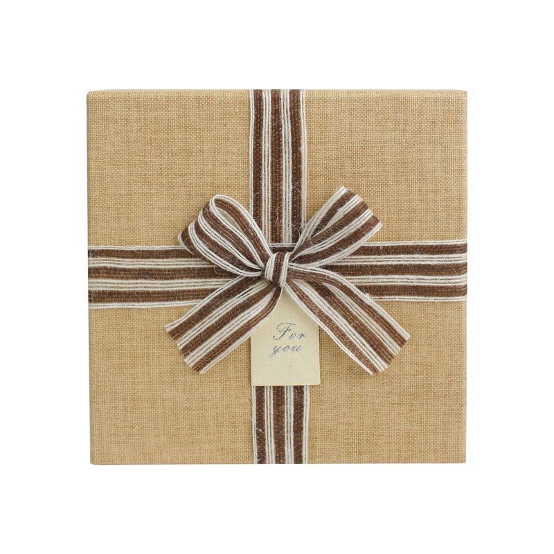 Close-up of dark brown Emartbuy gift box with two-tone jute ribbon