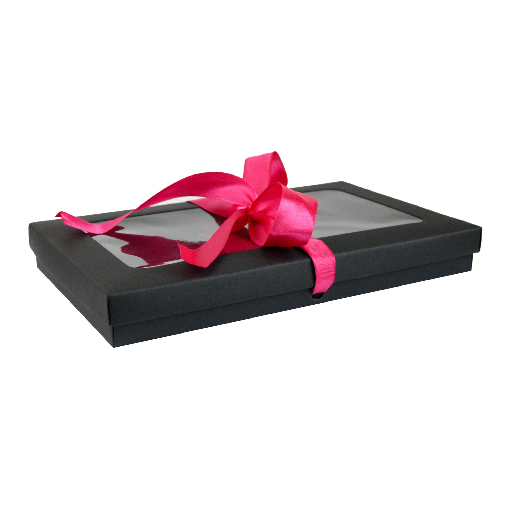 Black Kraft Gift Boxes with Clear Lid Satin Ribbon Pack of 12 Sizes Available