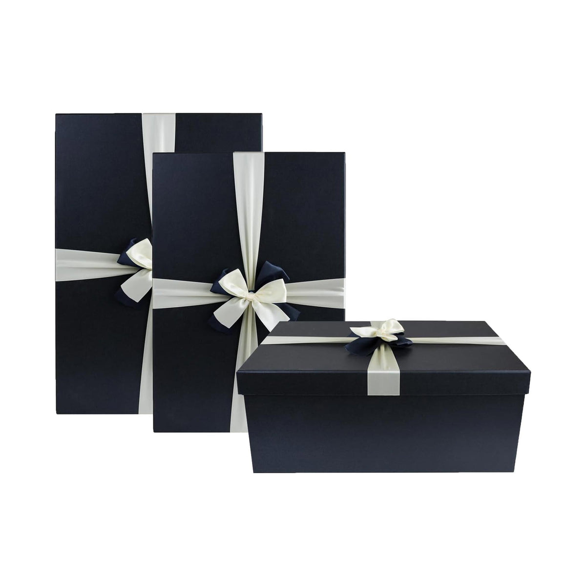 Set of 3 Black Gift Boxes with White Satin Ribbon