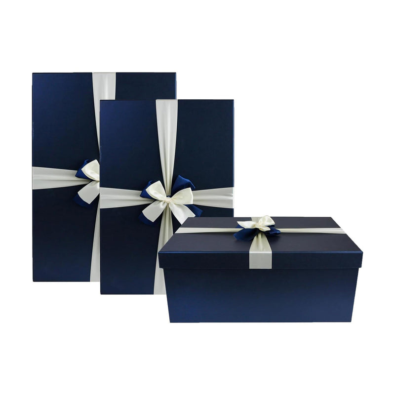Set of 3 Rigid Gift Box, Dark Blue Box with Lid, Satin Decorative Ribbon