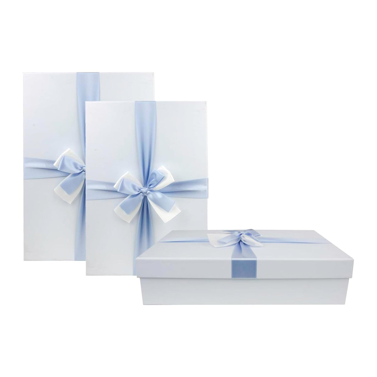 Set of 3 Baby Blue Gift Boxes With Blue Satin Ribbon