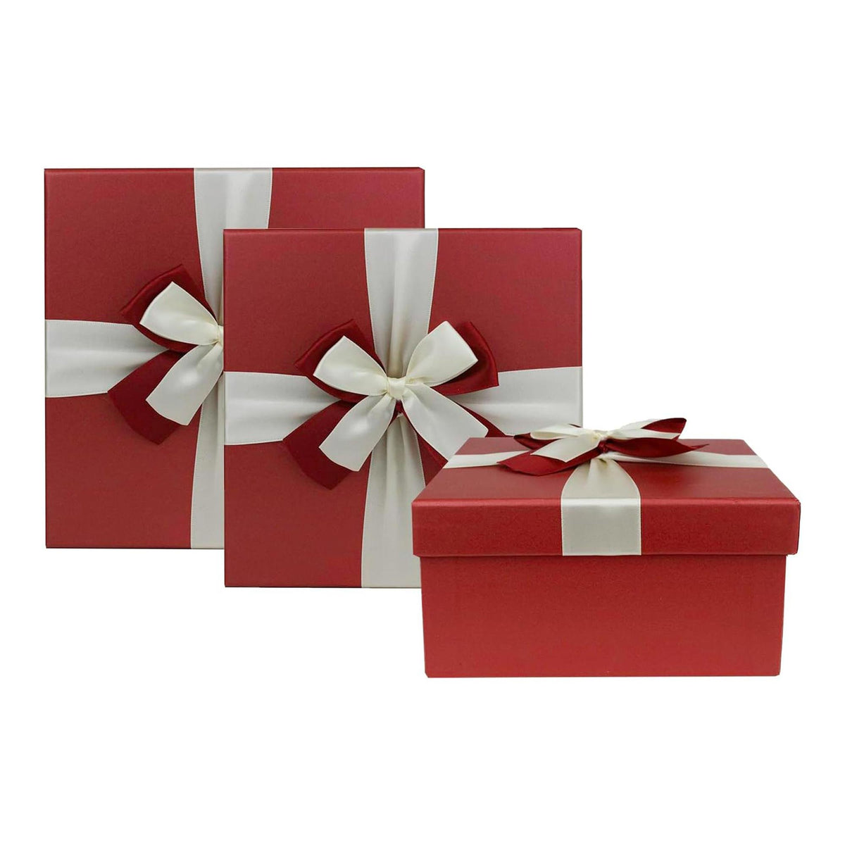 Set of 3 Square Red Gift Boxes with White Satin Ribbon