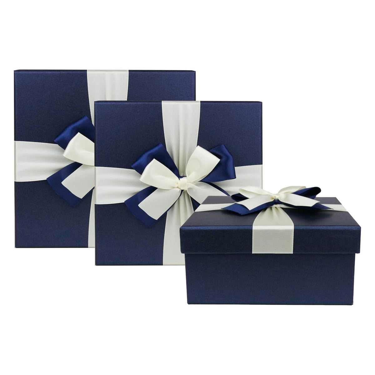 Set of 3 Square Blue Gift Boxes With White Satin Ribbon