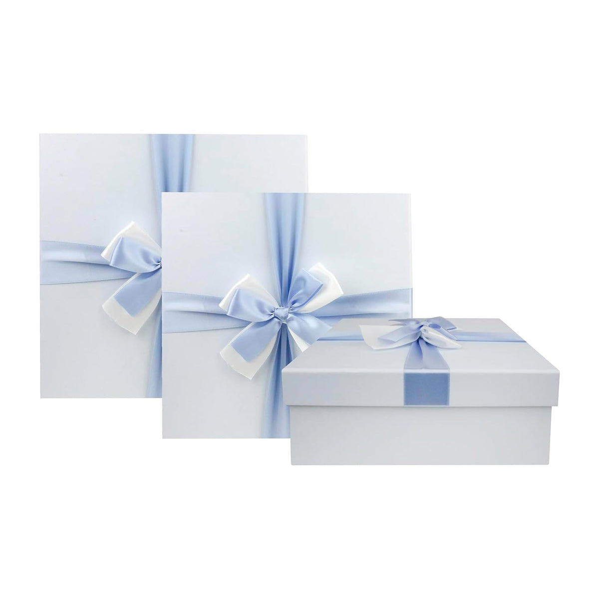 Set of 3 Baby Blue Gift Boxes With Blue Satin Ribbon
