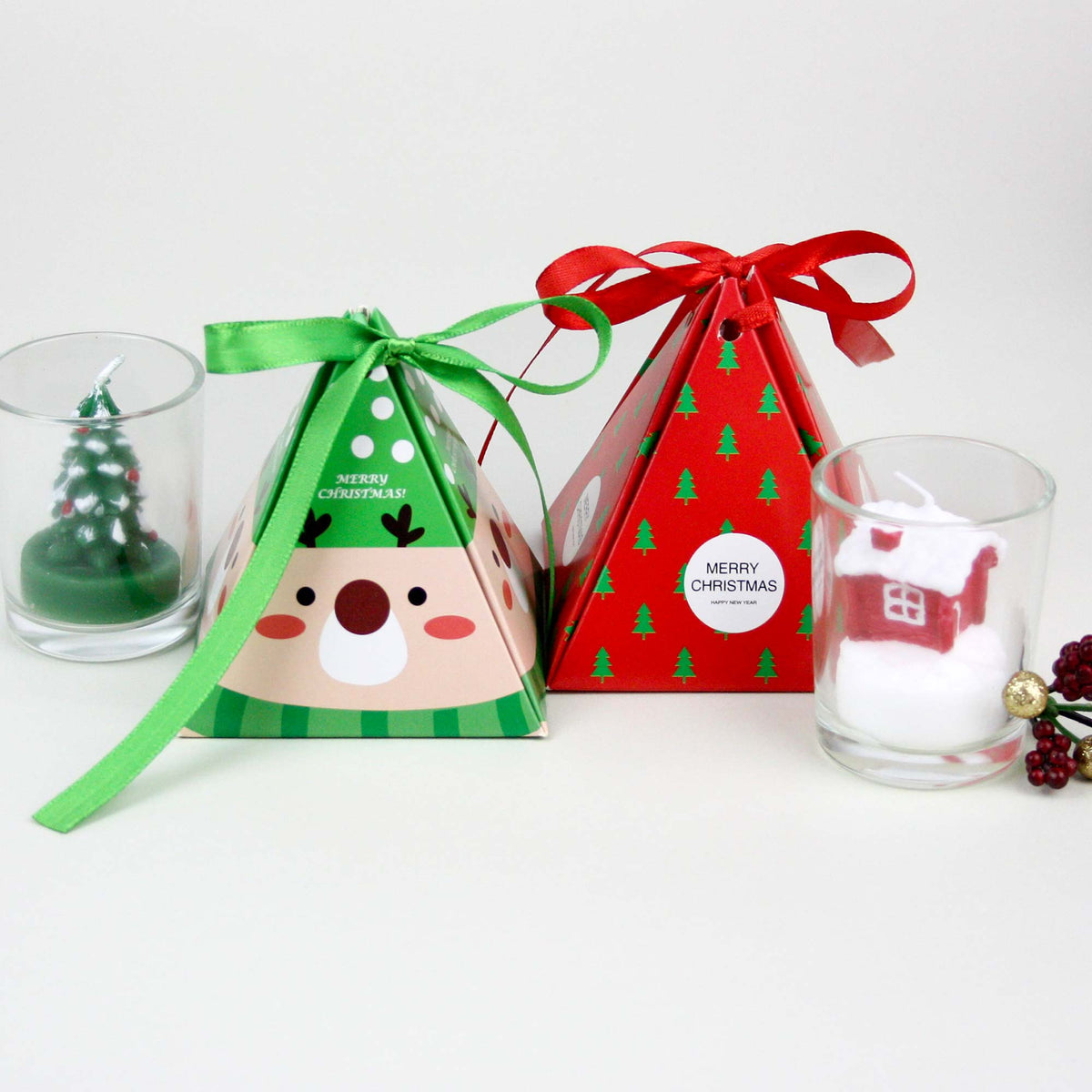 Christmas Cone Candy Treat Gift Box With Ribbon - Pack of 24