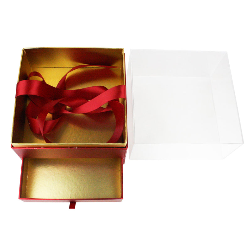 Red Box with Drawer, Acrylic Lid and Ribbon