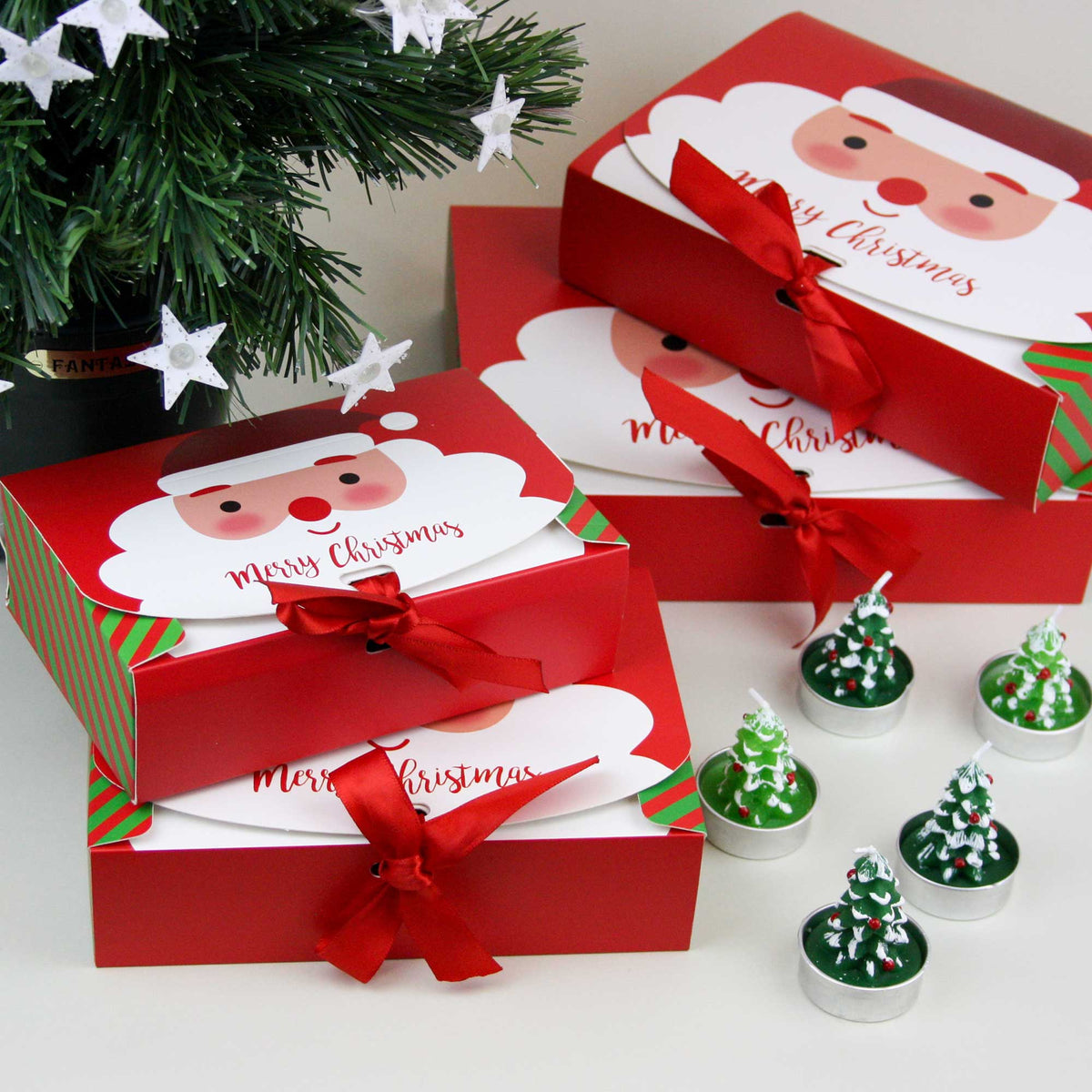 Festive Top Flap Gift Boxes with Red Ribbon Pack of 12 (Sizes Available)