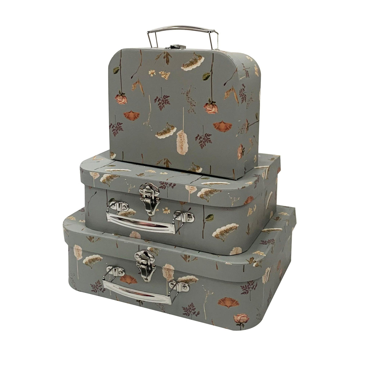 Set of 3 Grey Leaves & Flower Suitcase Gift Box