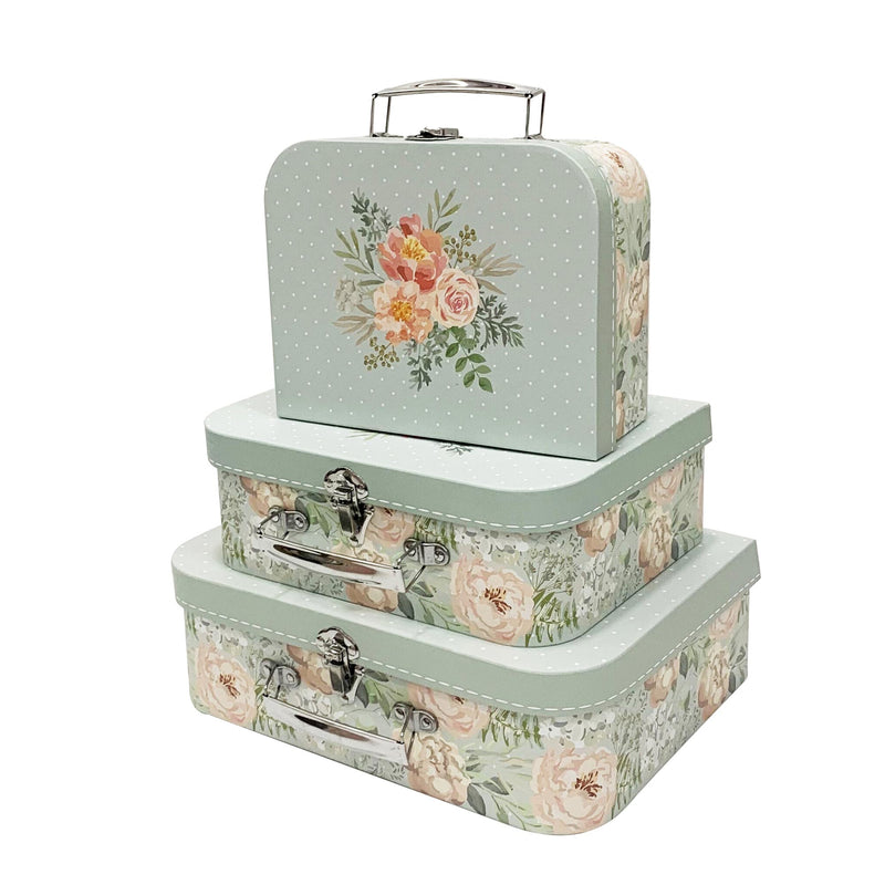 Pastel Green Flower Bouquet Print Suitcase Gift Box - Set of 3