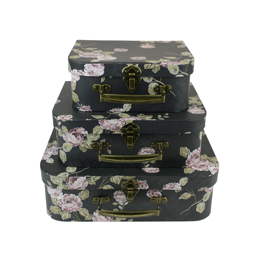 Black Floral Print Suitcase Gift Box - Set of 3