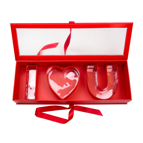 Red Box with I ❤️ U Characters, Transparent Lid and Ribbon