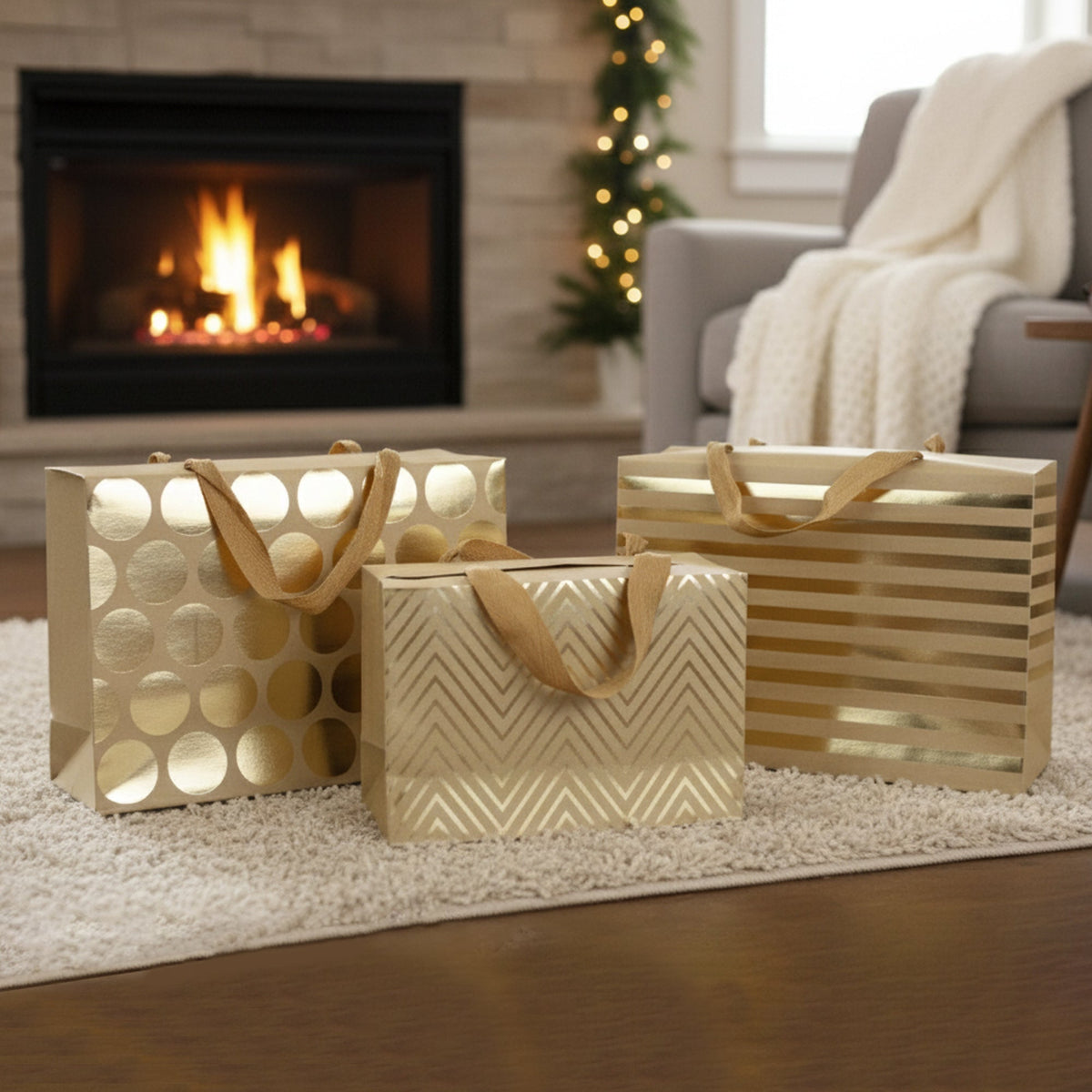 Gold Print Gift Bags - Pack of 12 (Sizes Available) In Stock on 30/09/2025