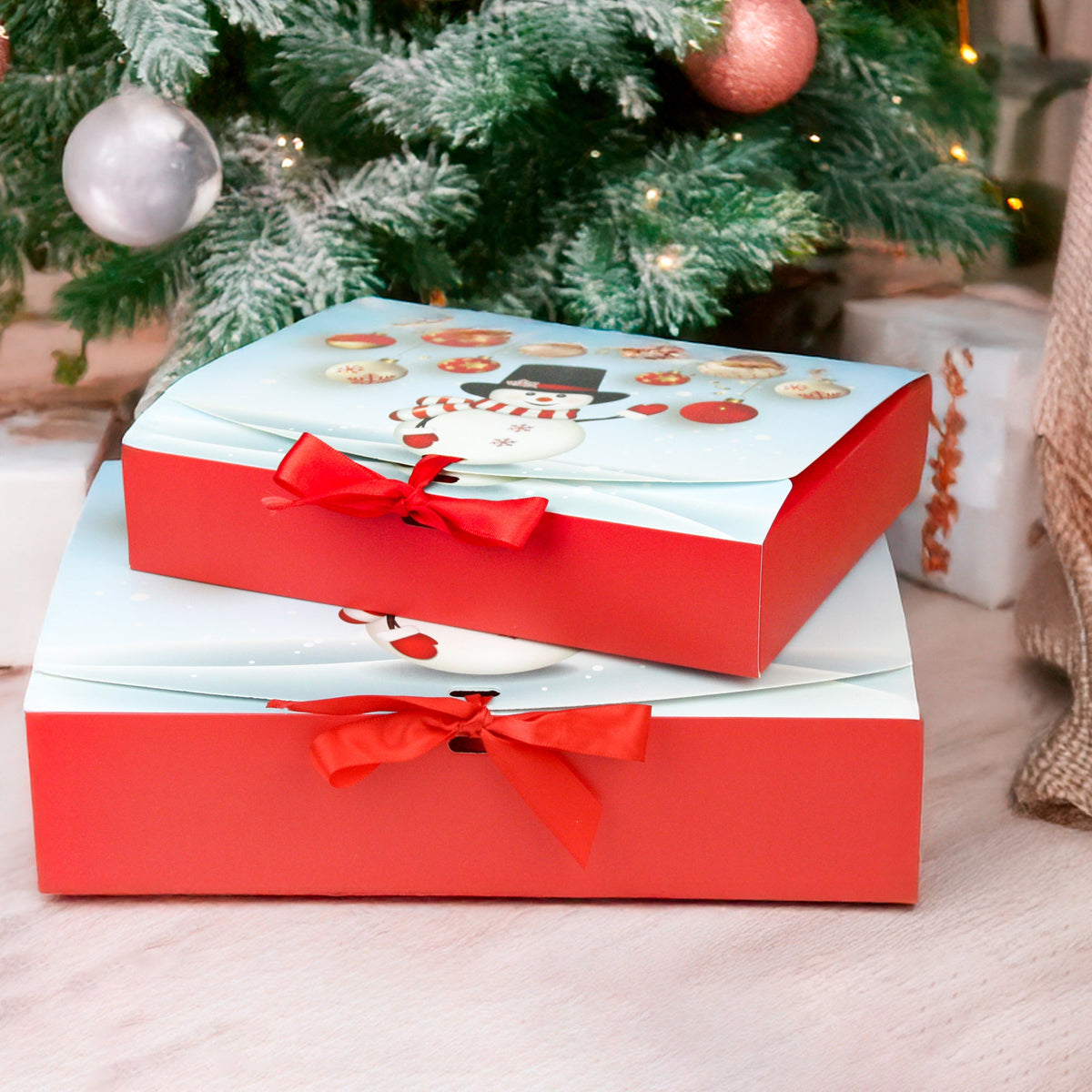 Christmas Snowman Top Flap Gift Boxes with Red Ribbon Pack of 12 (Sizes Available) In Stock 20 30/09/2025