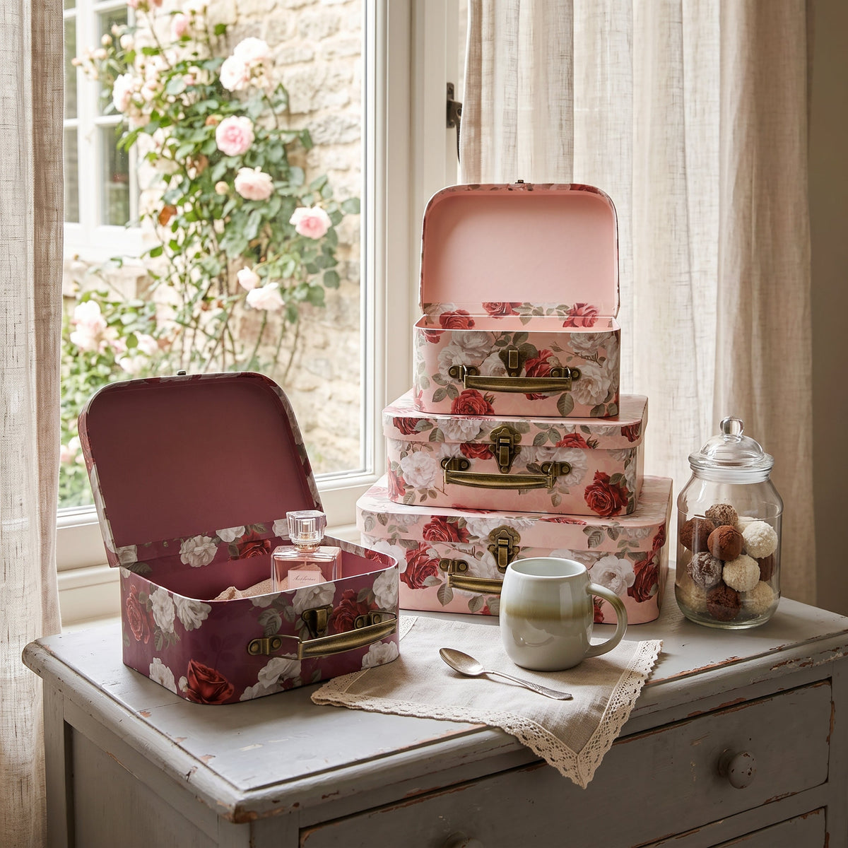 Set of 3 Floral Suitcase Gift Boxes (Available in Two Colours)
