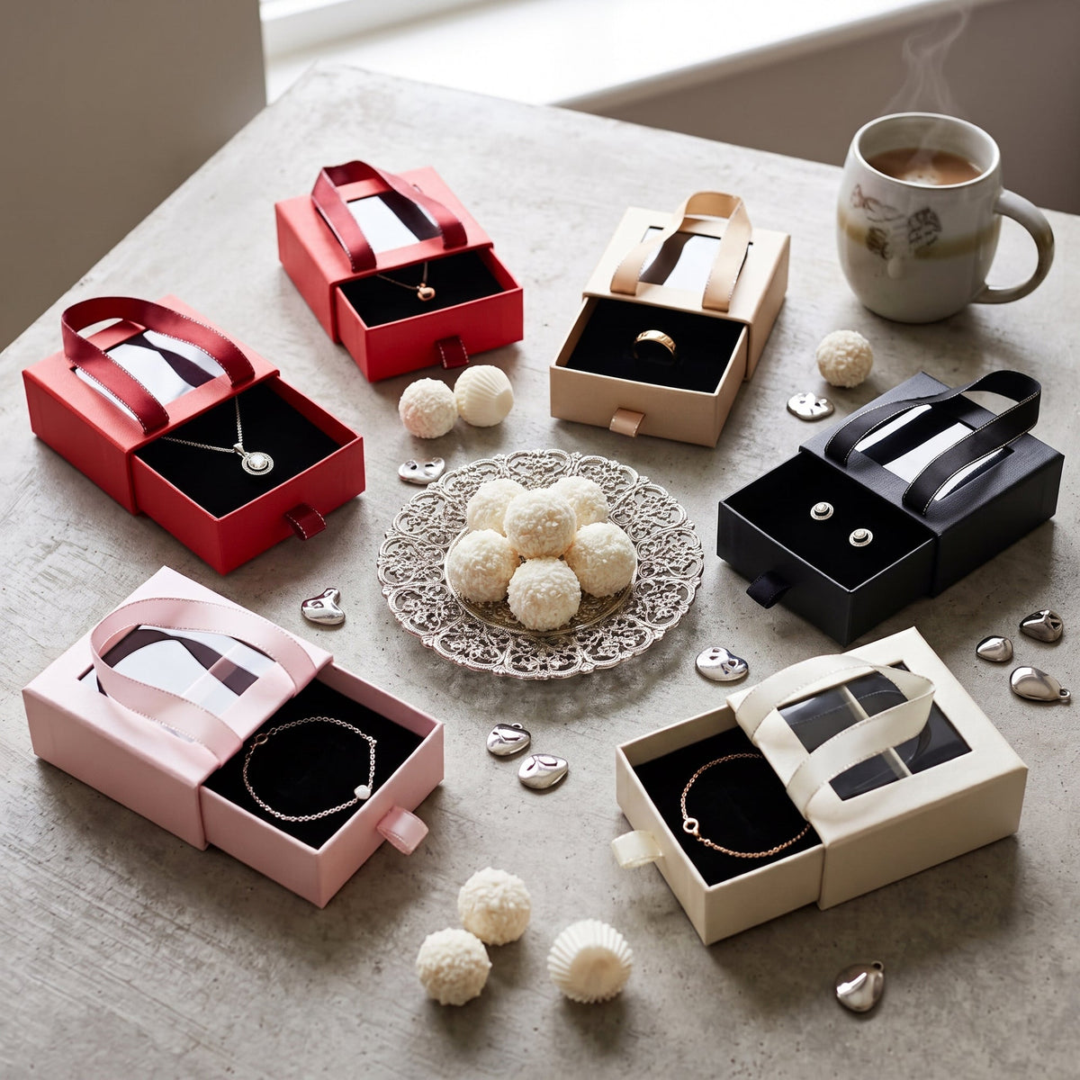 Jewellery Gift Boxes | WithRibbon Handle, Window and Velvet Pad | Assorted (Red, Pink, Cream, Gold, Black, Grey)
