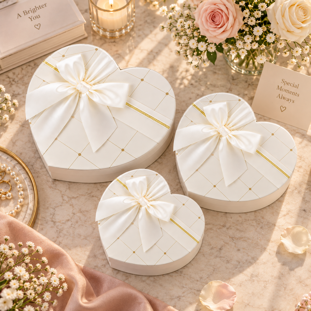 Luxury White Heart Shaped Gift Boxes with Ribbon Bow – Small, Medium & Large