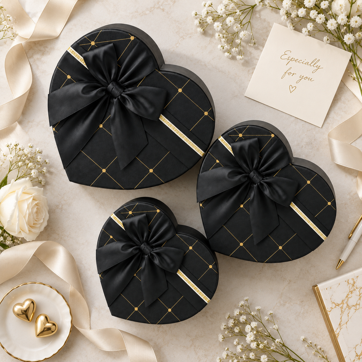 Luxury Black Heart Shaped Gift Boxes with Ribbon Bow – Small, Medium & Large