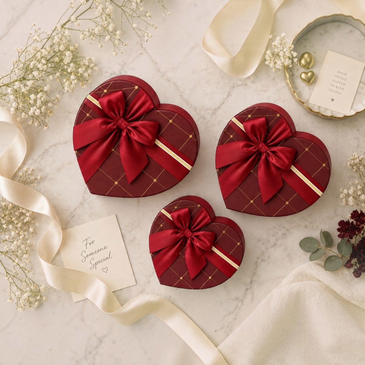 Luxury Burgundy Heart Shaped Gift Boxes with Ribbon Bow – Small, Medium & Large