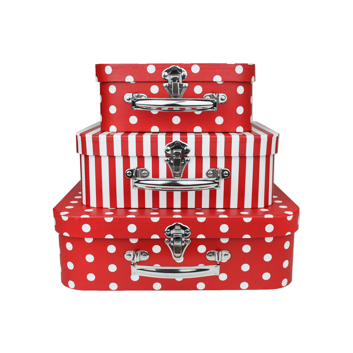 Set of 3 Red Stripes & Polka Suitcase Gift Box