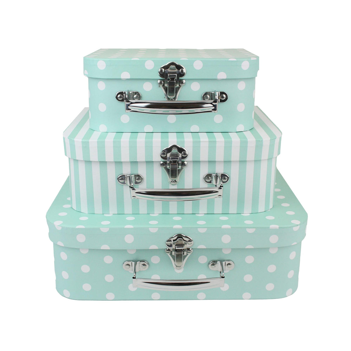 Set of 3 Sea Green Stripes & Polka Suitcase Gift Box