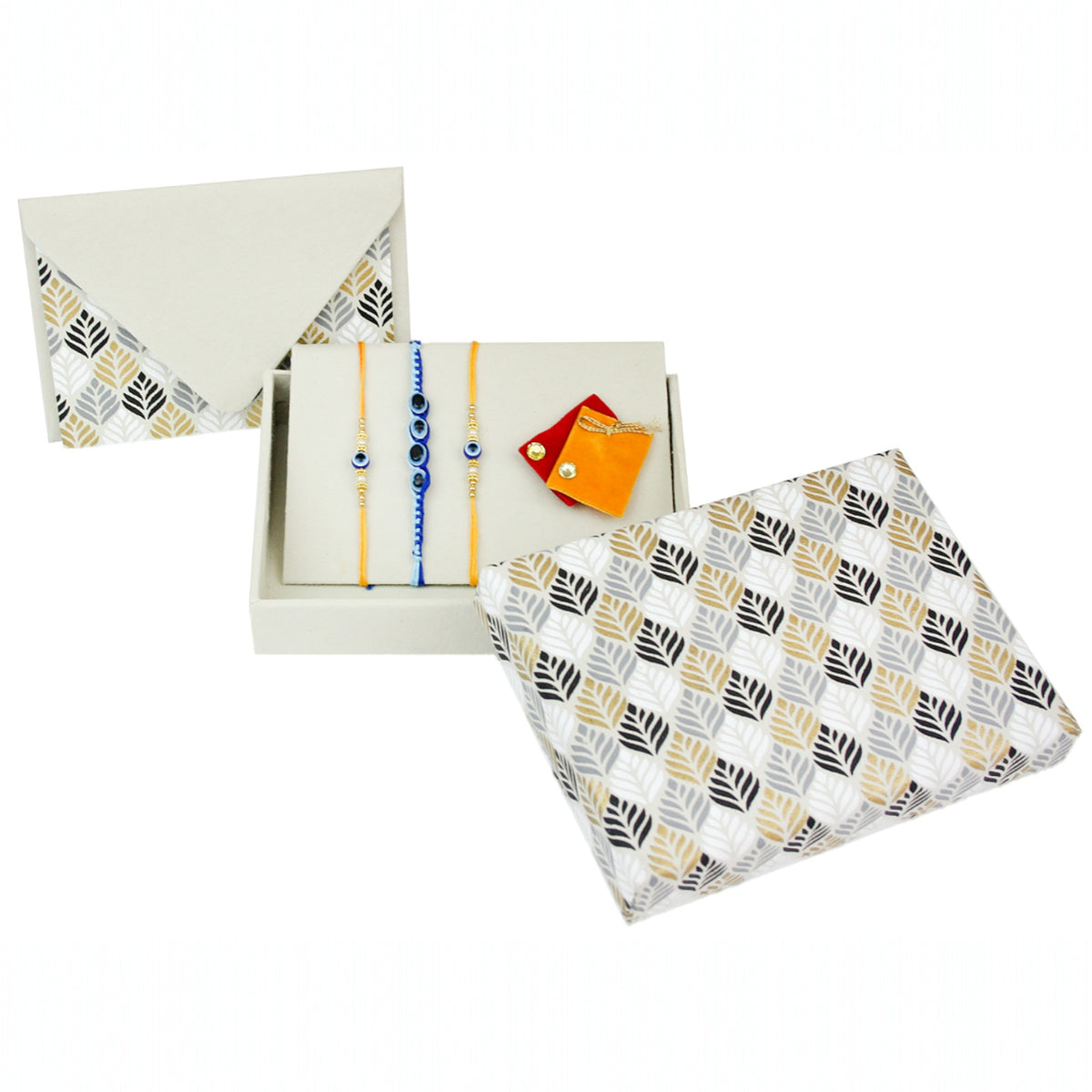 Pack of 3 Evil Eye Rakhi with 1 Card & Black Gold Handmade Gift Box
