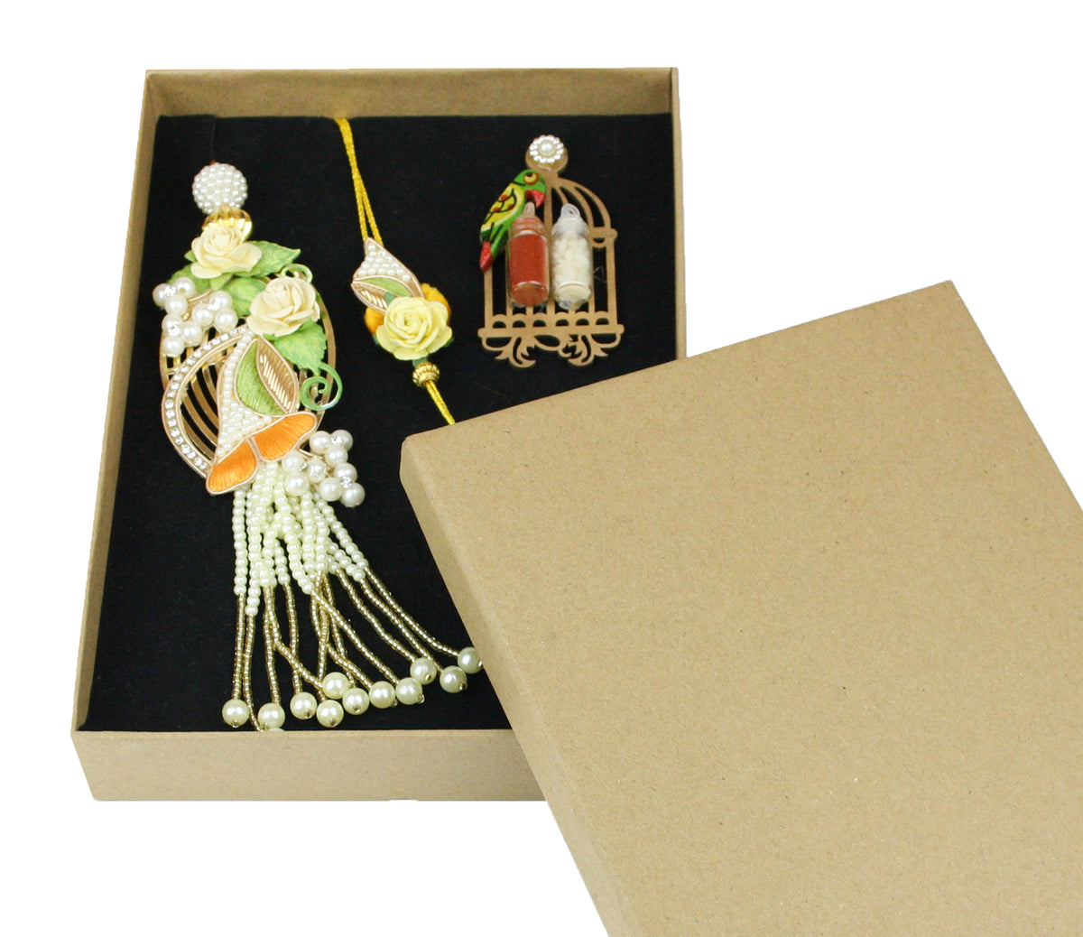 Pearl Rakhi Lumba Gift Hamper Set in Kraft Gift Box
