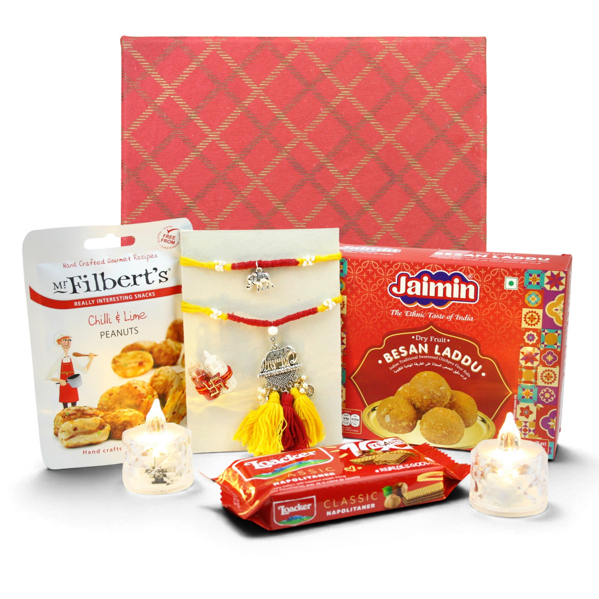 Luxury Rakhi Gift Hamper with Designer Rakhis, Besan Laddu & Gourmet Snacks