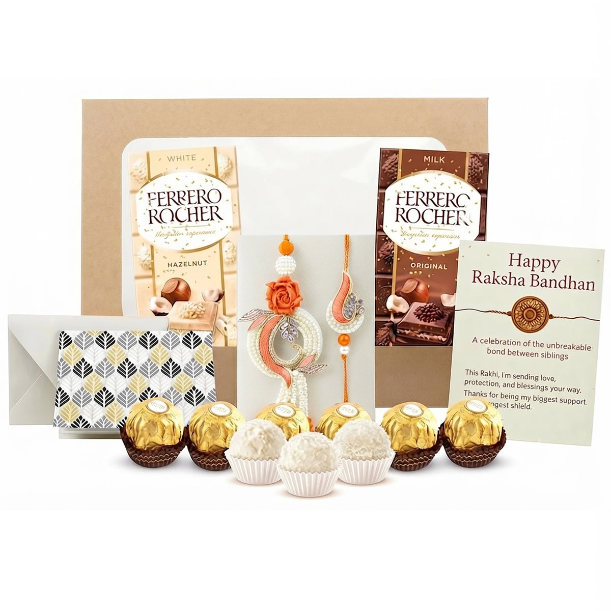 Emartbuy Rakhi Chocolate Hamper — Hazelnut Pralines, Coconut Treat, Card.