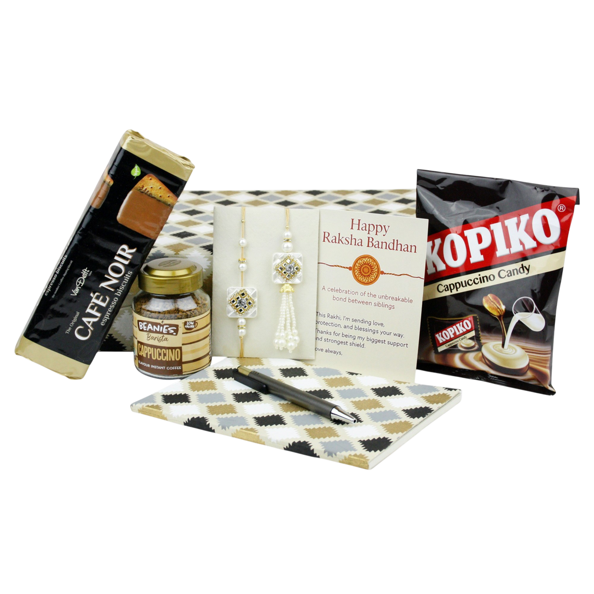 Emartbuy Rakhi Lumba Set for Bhaiya Bhabhi — Diary, Pen, Coffee, Biscuits