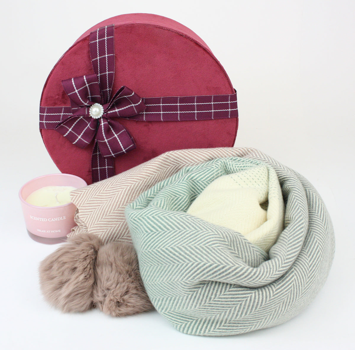 Velvet Round Gift Hamper Box with Scarves, Candle| Perfect for Her Mother's Day, Birthdays, Valentine's Day etc.