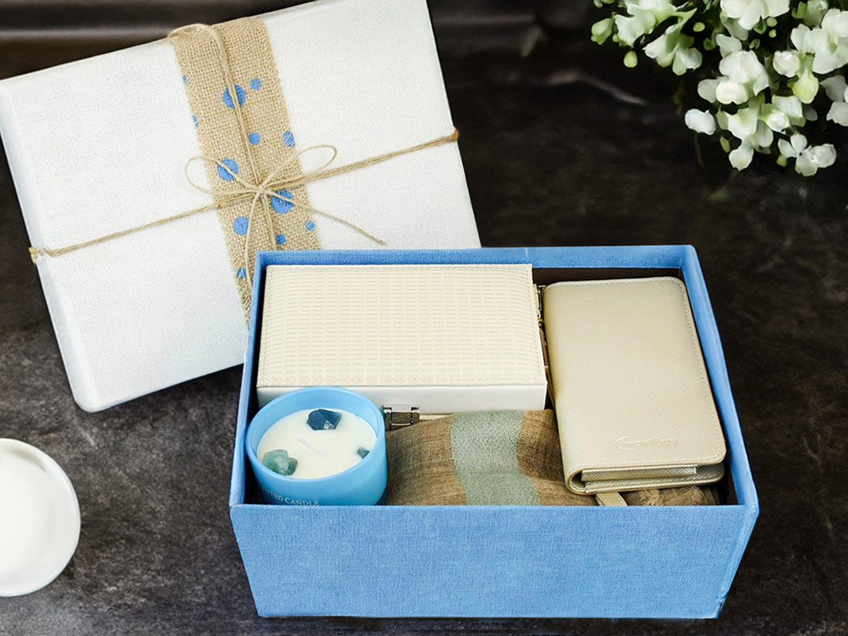 Elegant Hamper Gift Box For Women - Scarf , wallet , chic jewellry box & relaxing scented candle.