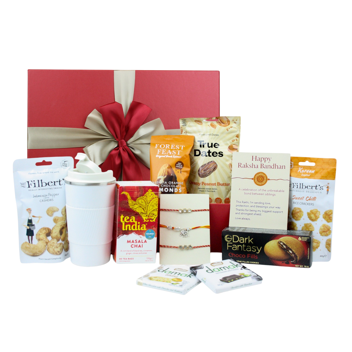 Emartbuy Luxury Rakhi Hamper for Brother — 12 Gifts, Masala Chai, Mug