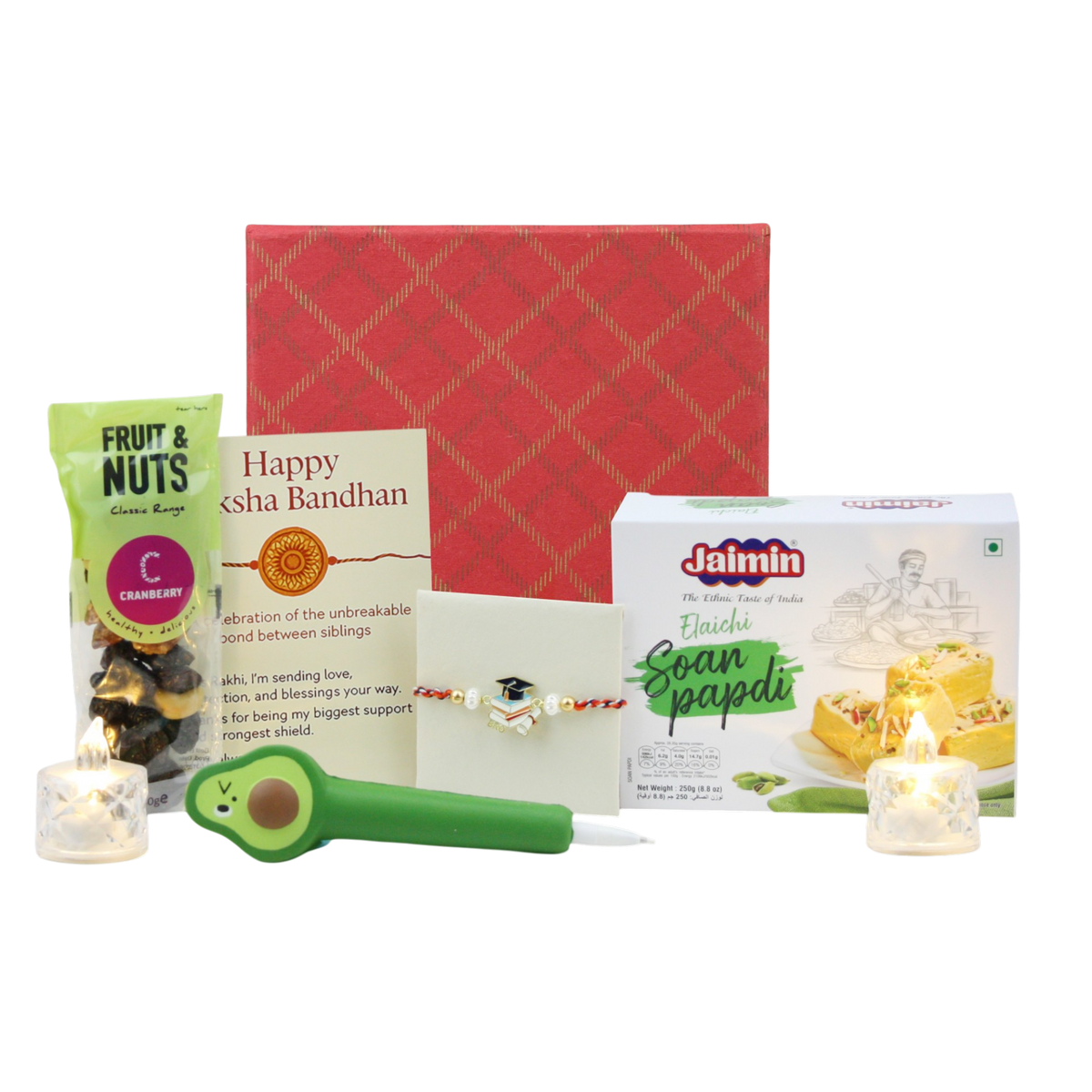 Emartbuy Rakhi Gift Hamper — Soan Papdi, Fun Gel Pen and LED T Lights