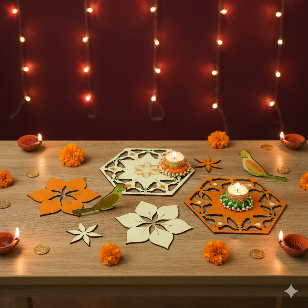 Decorative Floral Pattern Birds Rangoli Set with 2 Tealight Candle Holders