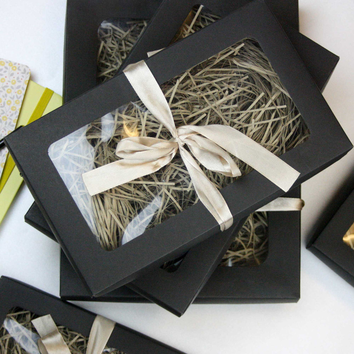 Black Kraft Gift Boxes with Clear Lid & Satin Ribbon (Pack of 12) Sizes Available