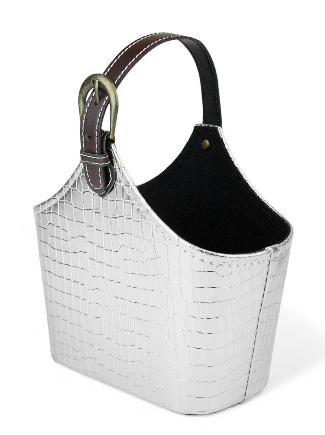 Luxury Faux PU Leather 18.5 × 12 × 18 cm Croc Textured Gift Hamper Storage Basket with Adjustable Handle -  Silver