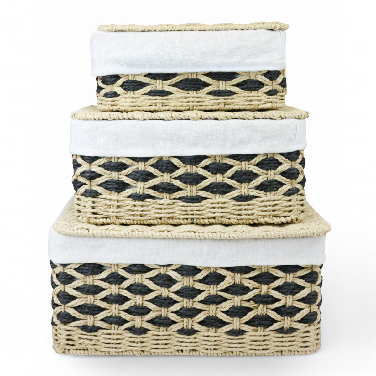 Set of 3 Lidded Woven Storage Baskets - Black Natural