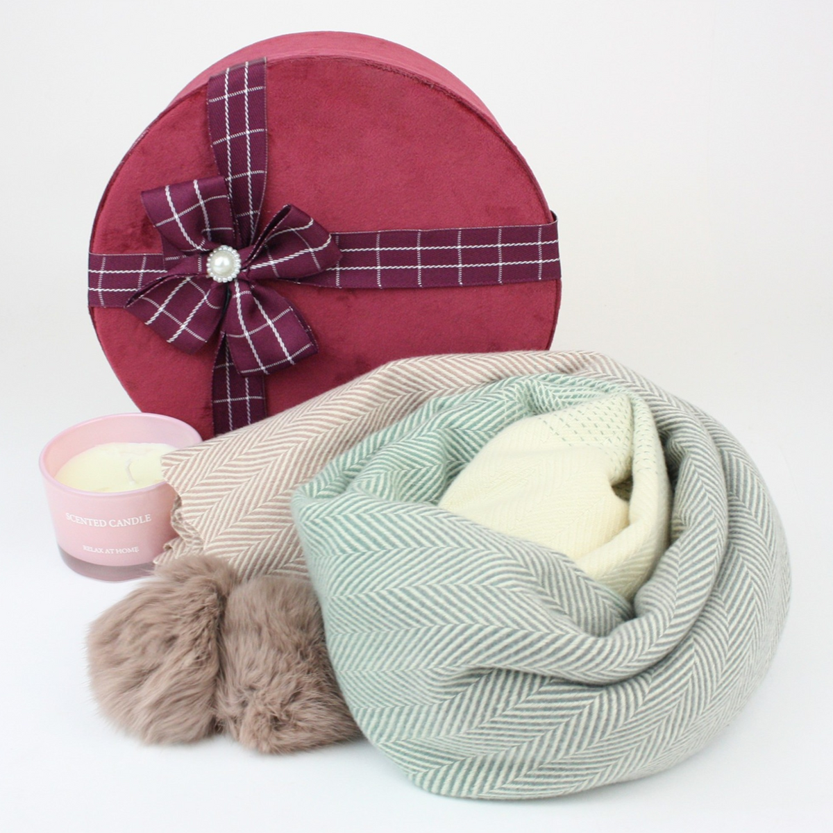 Velvet Round Gift Hamper Box with Scarves, Candle| Perfect for Her Mother's Day, Birthdays, Valentine's Day etc.