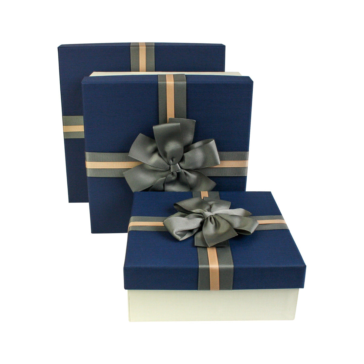 Cream & Blue Bow Gift Box Set of 3 with Shredded Paper