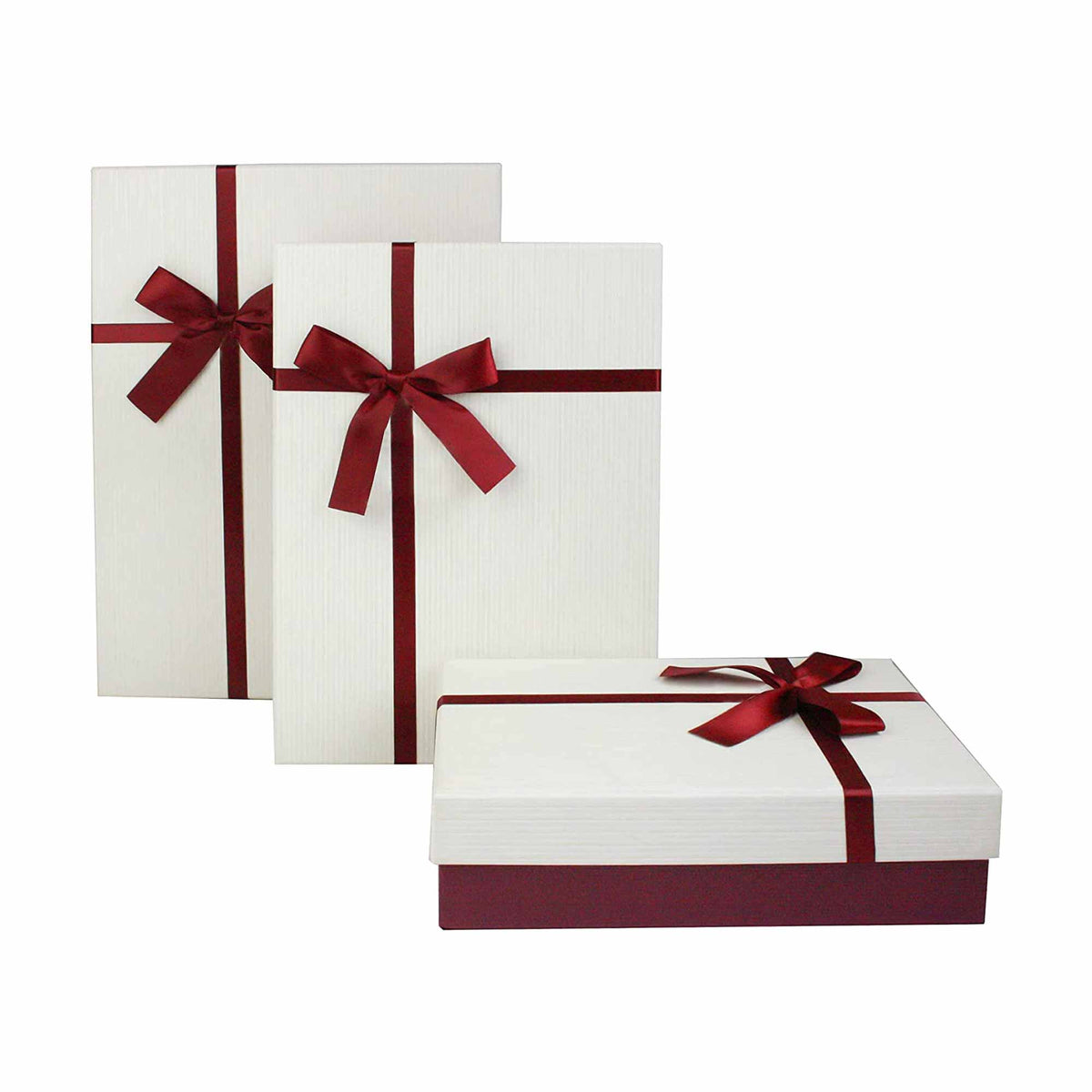 Set of 3 Burgundy/Cream Gift Boxes with Red Satin Ribbon