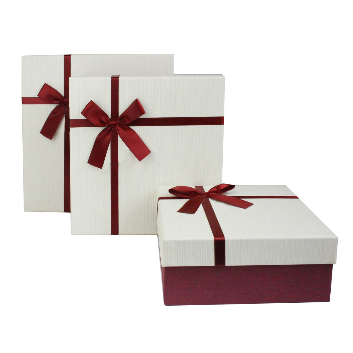 Burgundy & Cream Bow Gift Box Set Of 3 with Shredded Paper