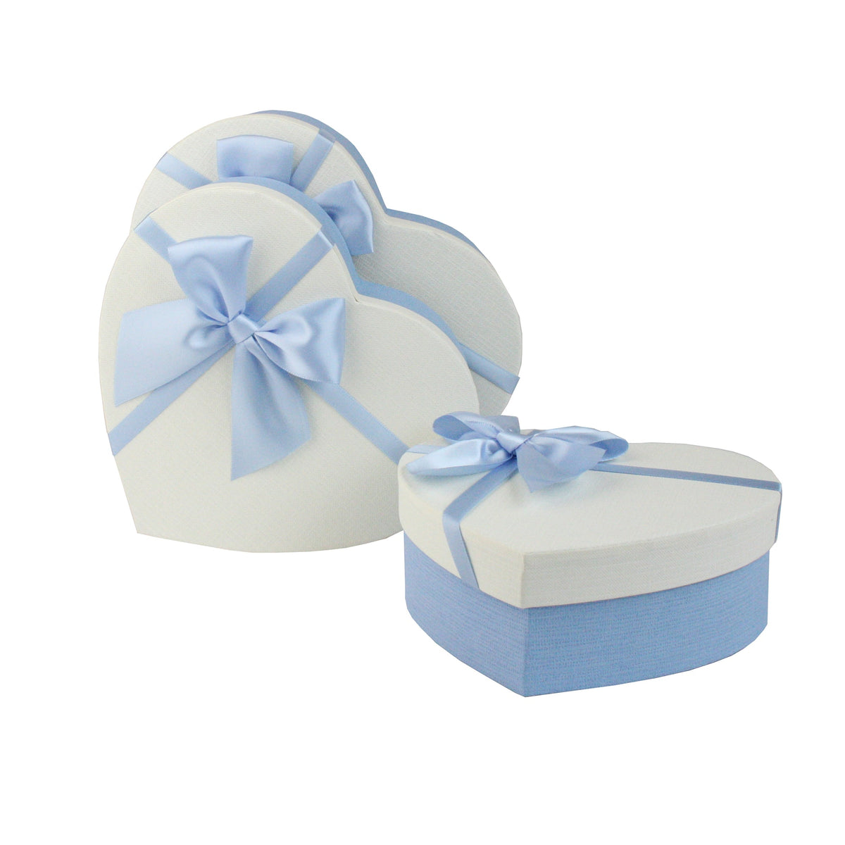 Set of 3 Heart Blue/White Gift Boxes with Blue Satin Ribbon