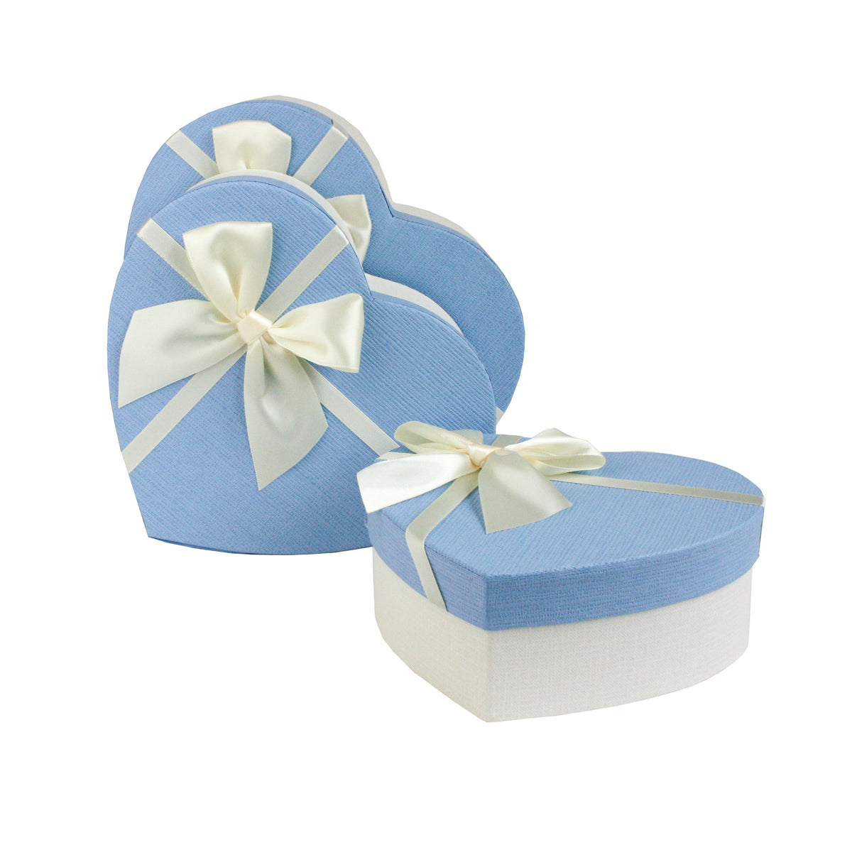 Set of 3 Heart White/Blue Gift Boxes With White Satin Ribbon