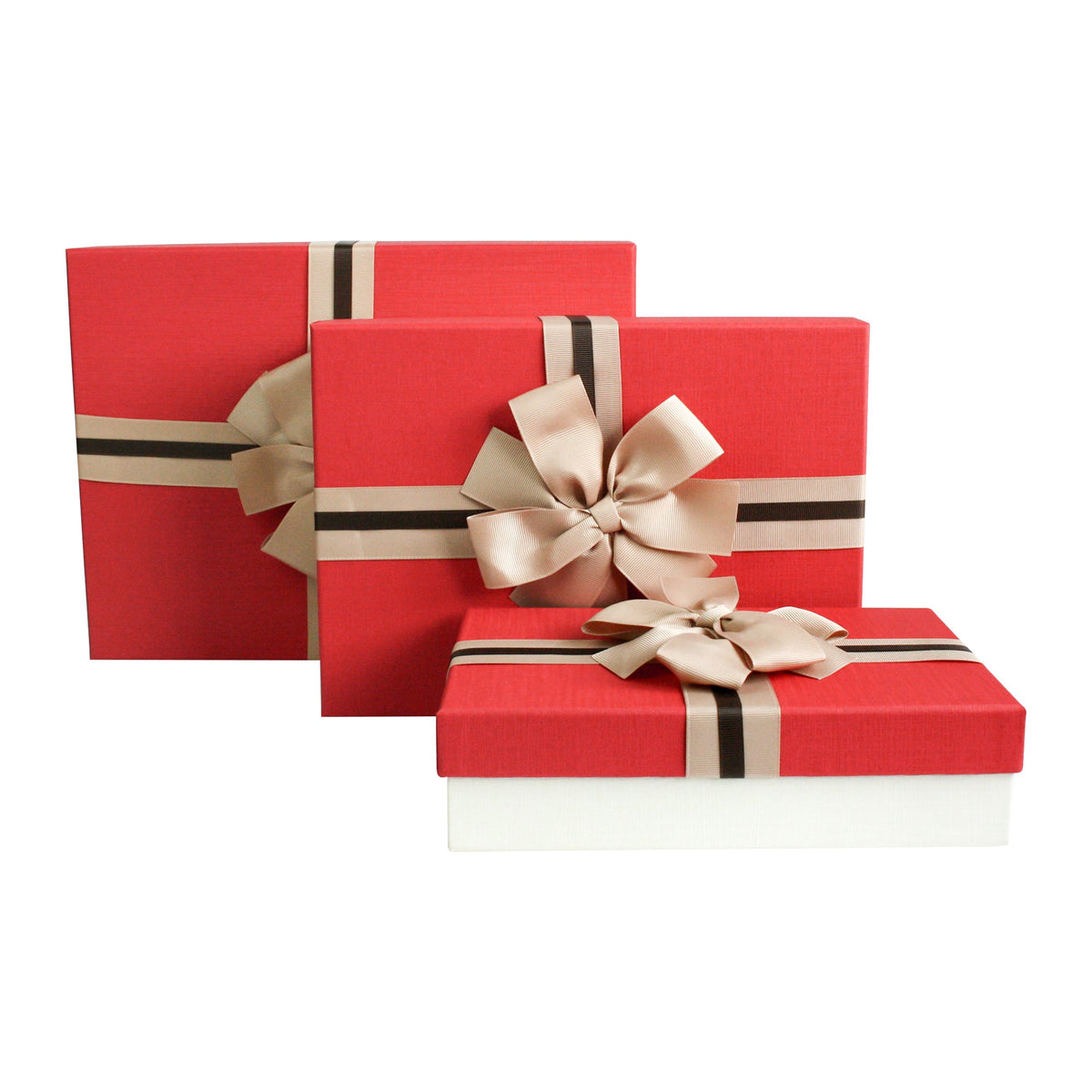Set of 3 Cream/Red Gift Boxes With Brown Satin Ribbon