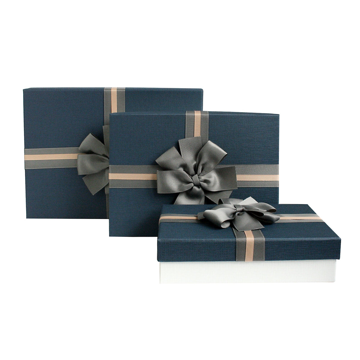 Set of 3 Cream/Blue Gift Boxes With Grey Satin Ribbon