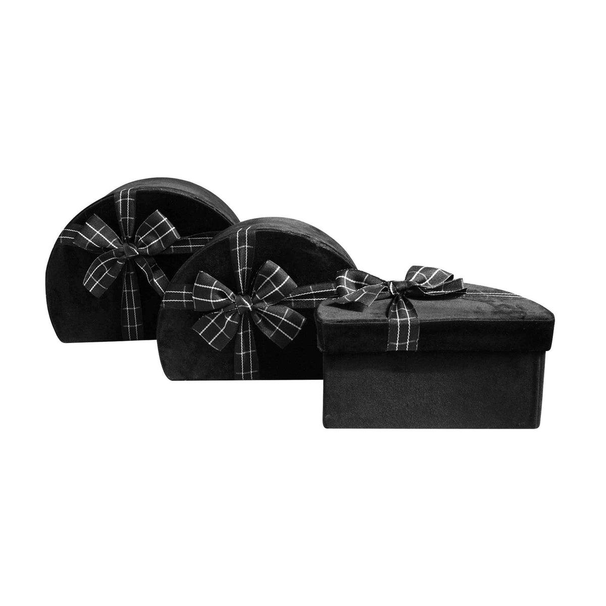 Set of 3 Black Velvet Gift Boxes with Striped Ribbon