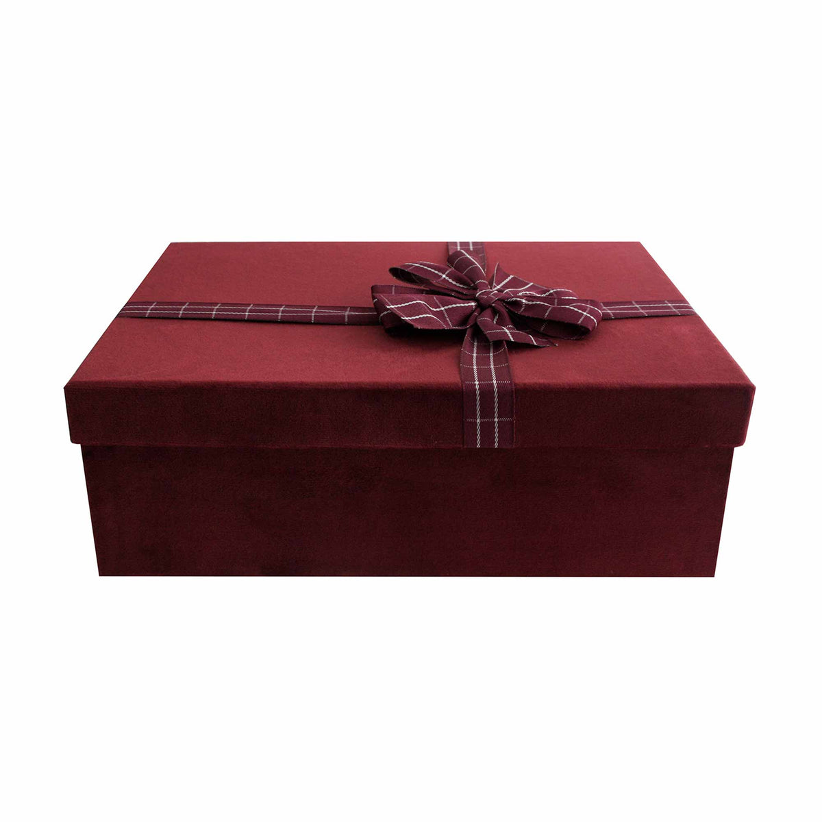Single Burgundy Velvet Twin Wine Gift Box with Striped Ribbon