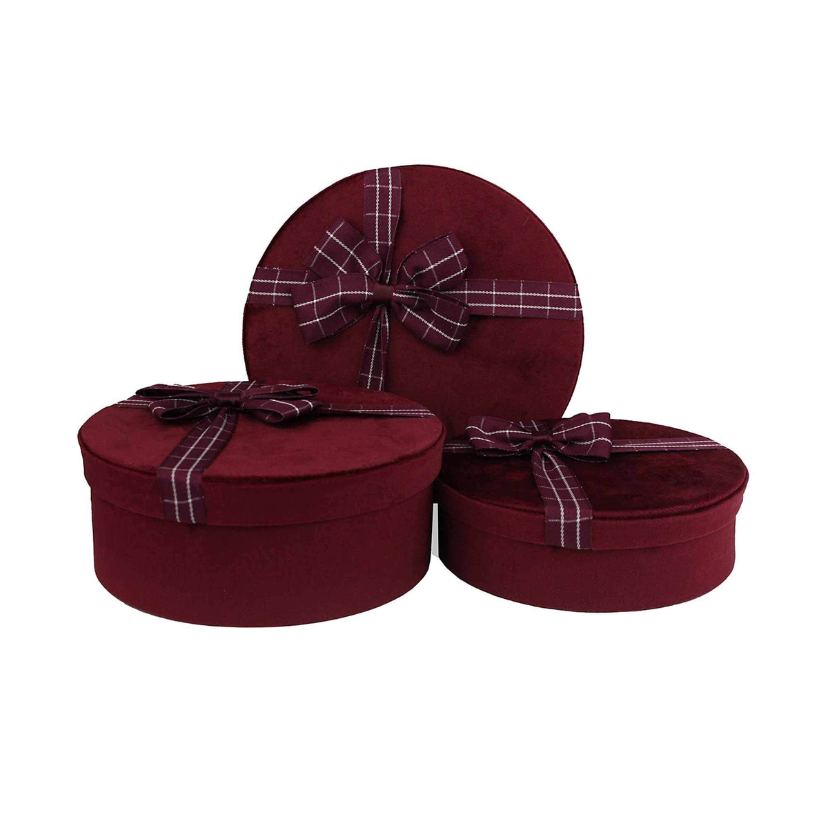 Set of 3 Burgundy Velvet Gift Boxes with Striped Ribbon