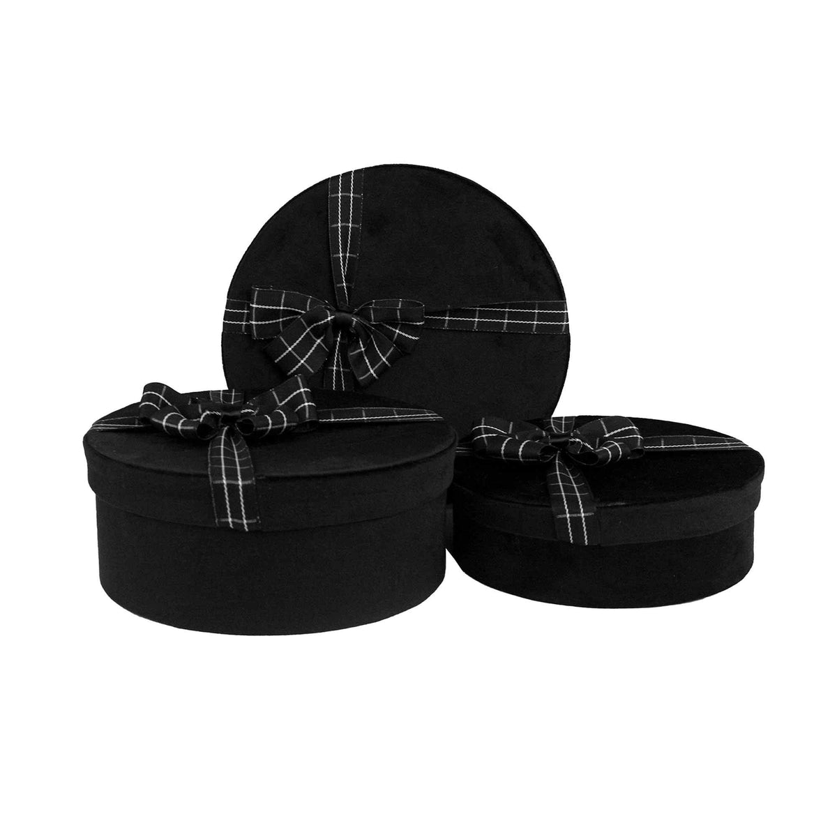 Set of 3 Black Velvet Gift Boxes with Striped Ribbon