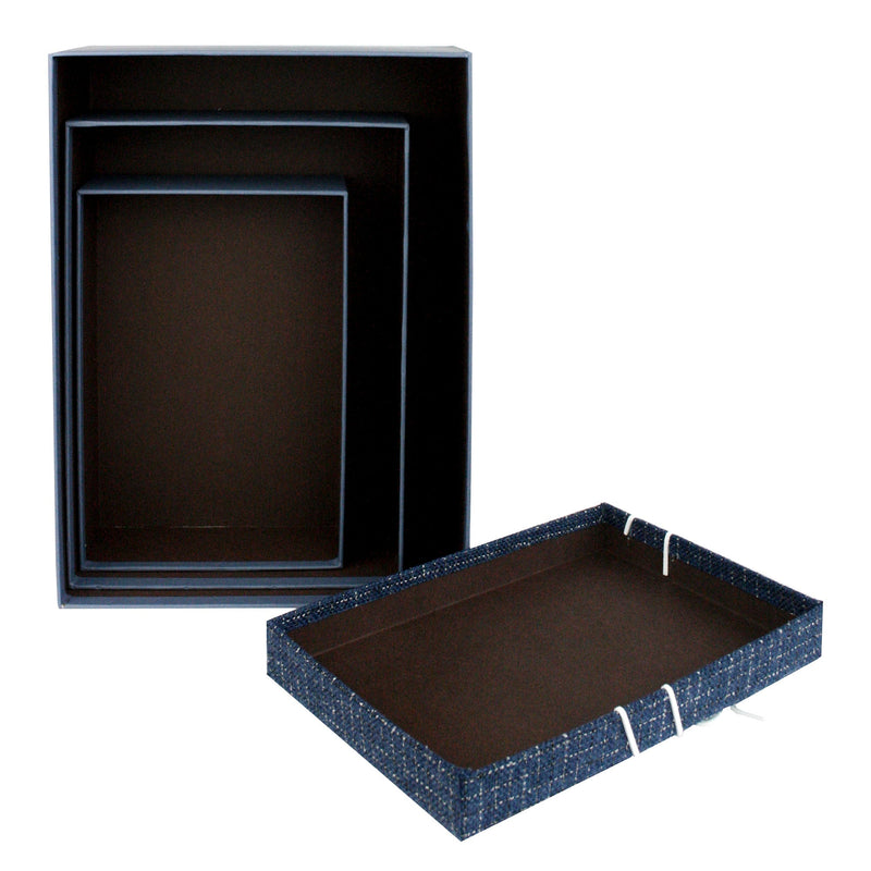 Blue & Suede Decorative Ribbon Gift Box Set of 3 with Shredded Paper